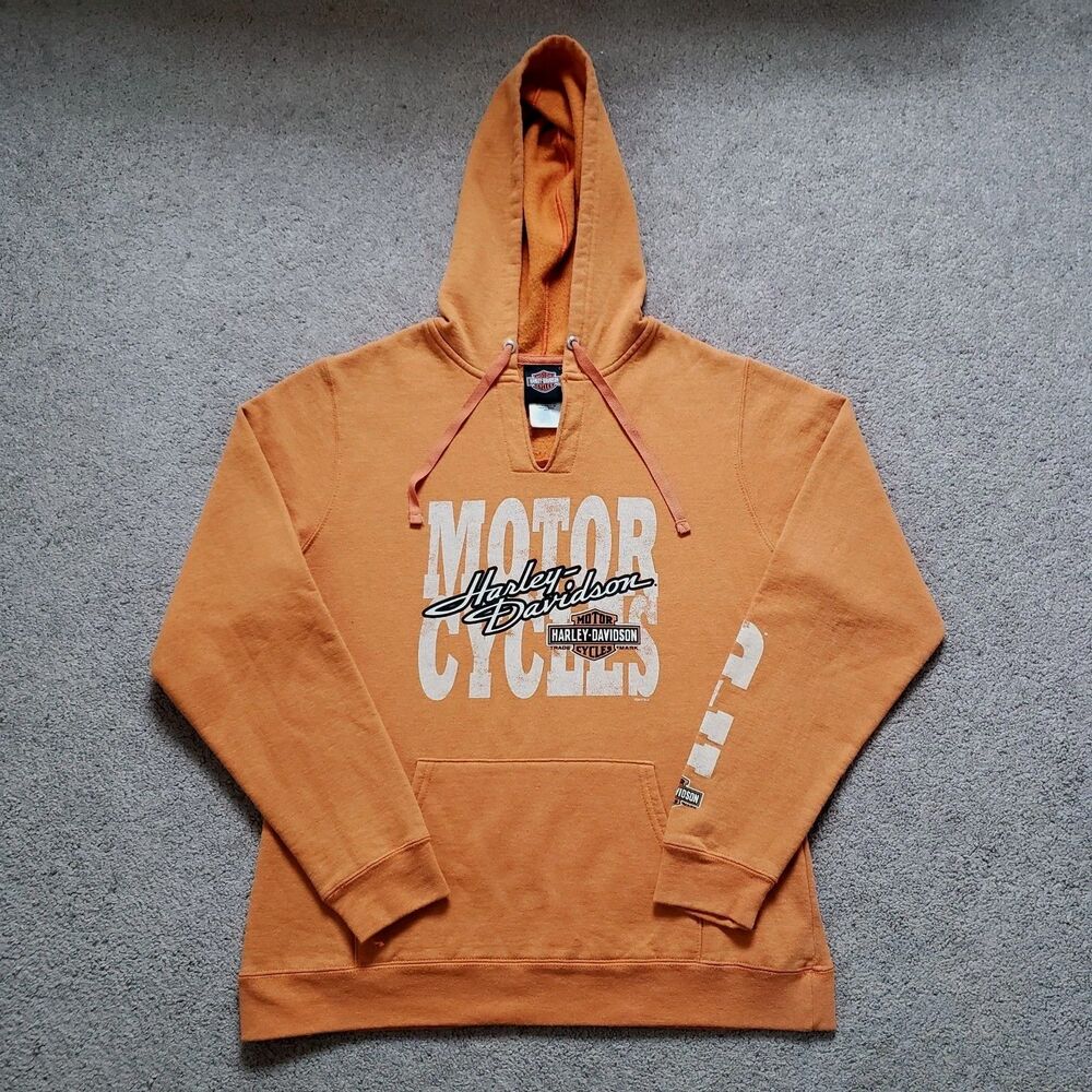 Vintage Harley Davidson Graphic Hoodie Harrisburg PA Split Neck Orange Size L